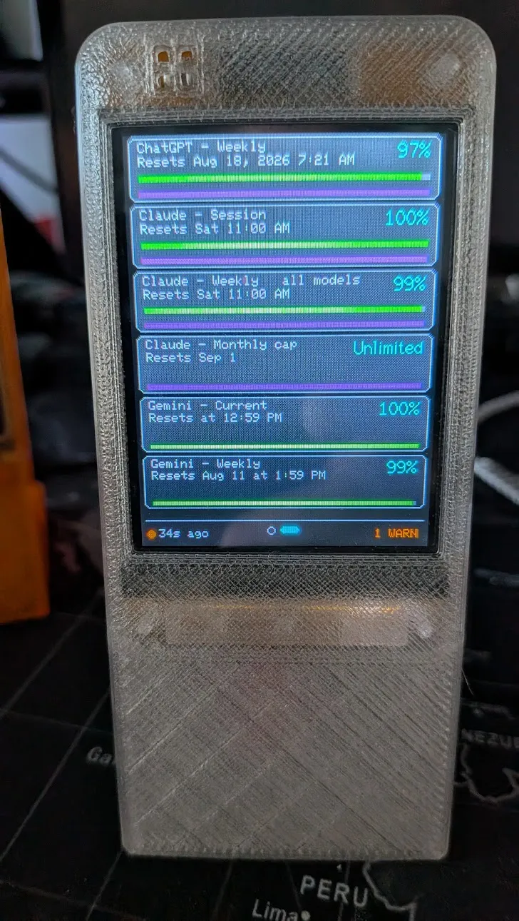 CYD desk display showing subscription quota capacity and reset windows